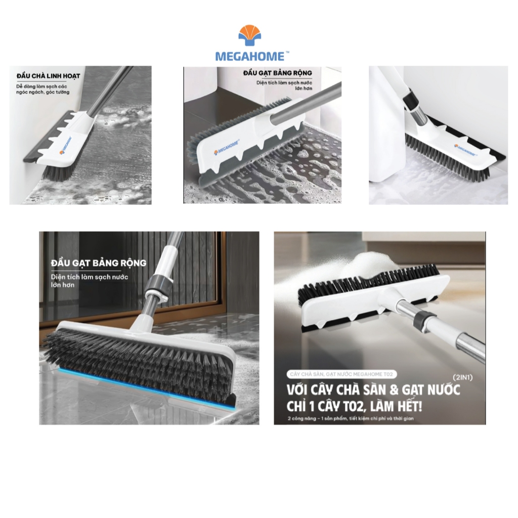 Cây Chà Sàn Và Gạt Nước 2 Trong 1 Bản Chà To (T02) MEGAHOME Cán Rút Tăng Đơ Thu Ngắn 87cm Dài Ra 137cm