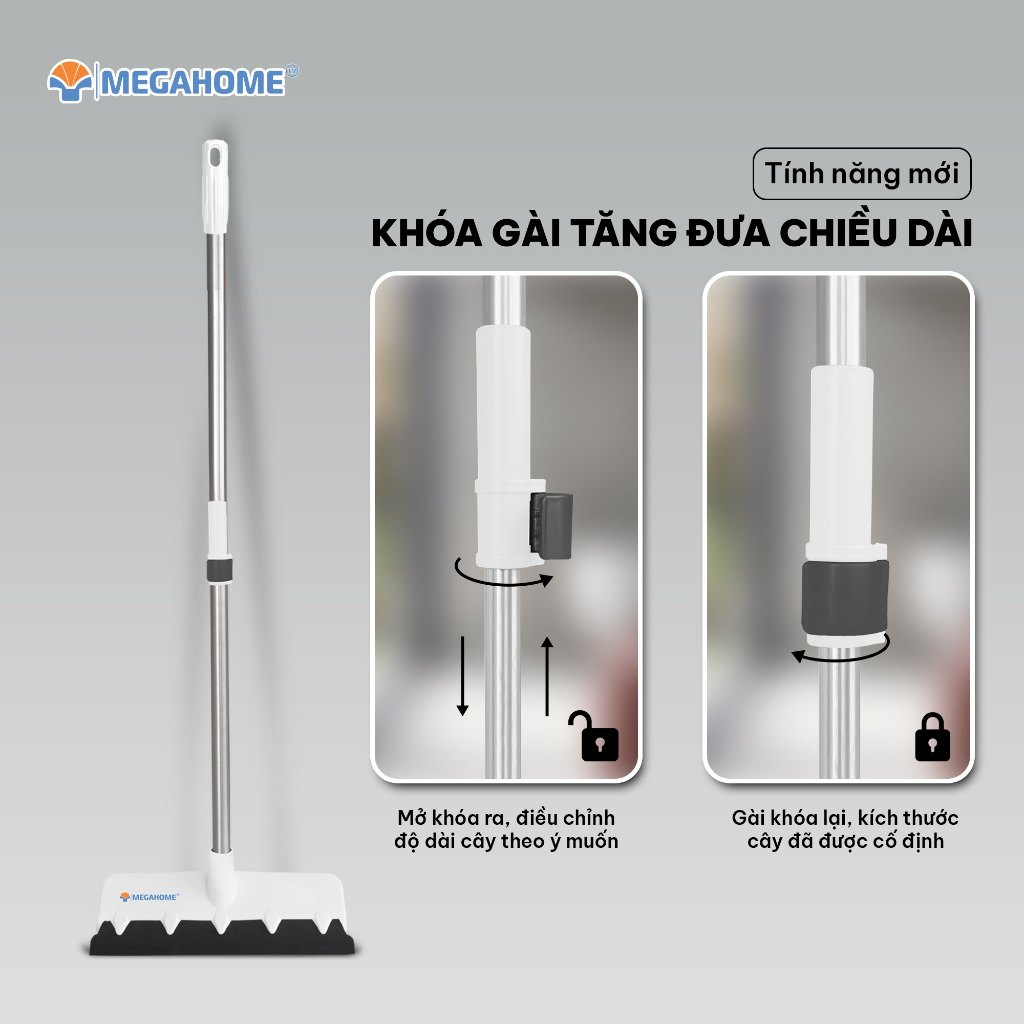 Cây Chà Sàn Và Gạt Nước 2 Trong 1 Bản Chà To (T02) MEGAHOME Cán Rút Tăng Đơ Thu Ngắn 87cm Dài Ra 137cm