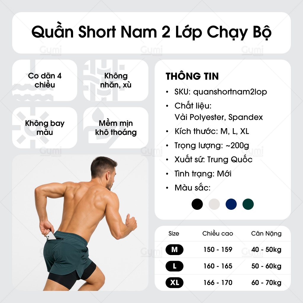 Quần Chạy Bộ Nam 2 Lớp, Quần SHORT Tập Gym Thể Thao Thoáng Khi, Có Túi Khóa Sau Đựng Điện Thoại
