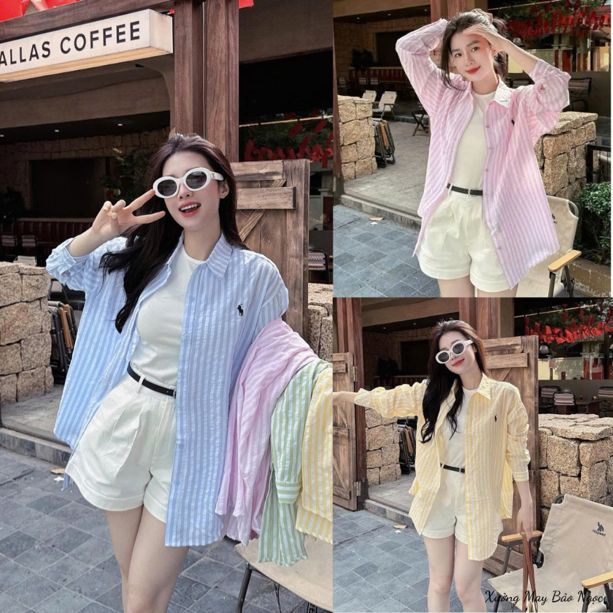 Set Đồ Nữ 4 Món Áo Sơ Mi Sọc Xanh Tay Dài Kèm Áo Mix Quần Ngắn Kèm Thắt Lưng Xinh Mê