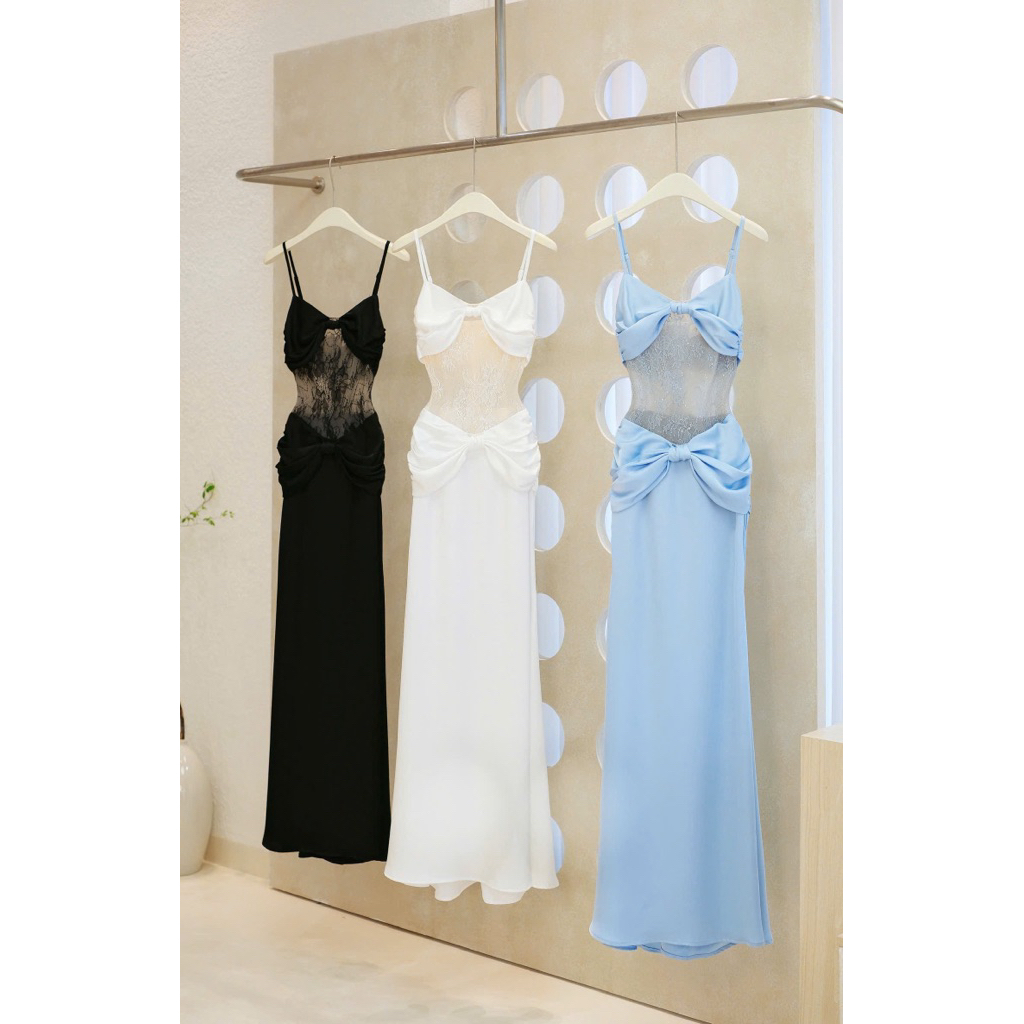Đầm maxi 2 dây nơ ngực lụa phối ren cao cấp sang trọng