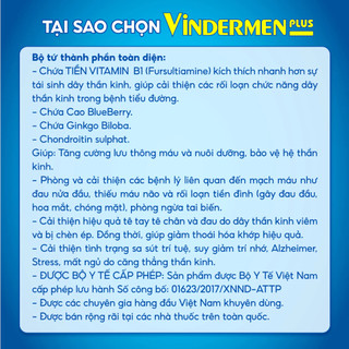 Viên Uống Vindermen Plus hỗ trợ Tăng Lưu Thông Máu, Giảm Tê Bì Chân Tay, Vai Gáy(30v/ Hộp)