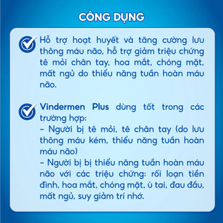 Viên Uống Vindermen Plus hỗ trợ Tăng Lưu Thông Máu, Giảm Tê Bì Chân Tay, Vai Gáy(30v/ Hộp)