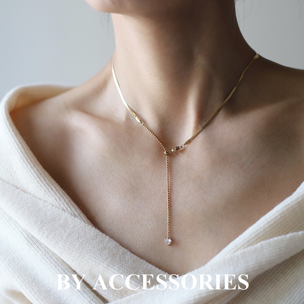 Dây chuyền vòng cổ nữ titan kiểu chữ Y mì dẹp xương rắn phối dây bi và đá trắng hình trái tim xinh xắn không gỉ WN2531