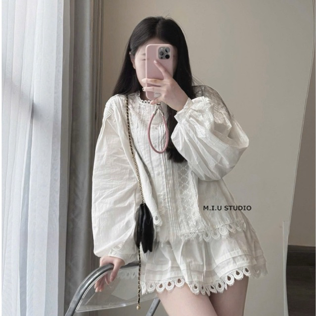 MIU.STUDIO • Set áo thô tay bồng đính khuy phối ren bèo cao cấp + chân váy xoè ( kèm quần bảo hộ ) “Pepe Set”