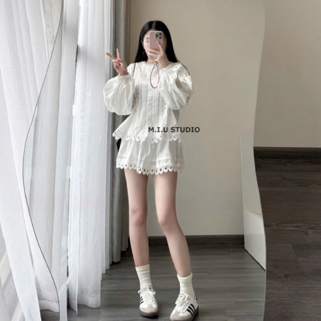 MIU.STUDIO • Set áo thô tay bồng đính khuy phối ren bèo cao cấp + chân váy xoè ( kèm quần bảo hộ ) “Pepe Set”