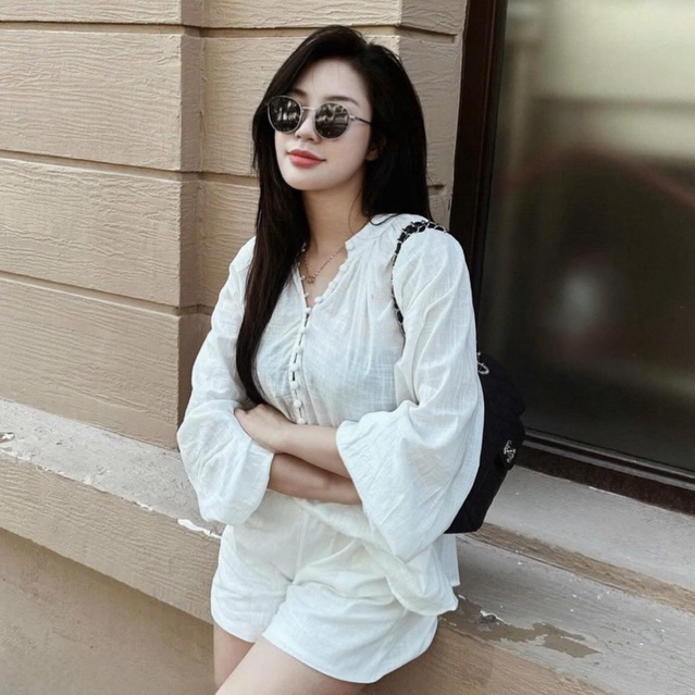 MIU.STUDIO • Set áo sơmi line thô đũi cổ đức tay bồng đính khuy bọc kèm quần sooc style basic cho nàng đi chơi đi biển