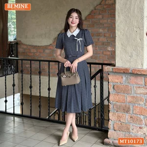 Đầm thiết kế BEMINE cổ sen ngực đính nơ dáng dài tùng xếp ly phù hợp đi làm, đi chơi-MT10173