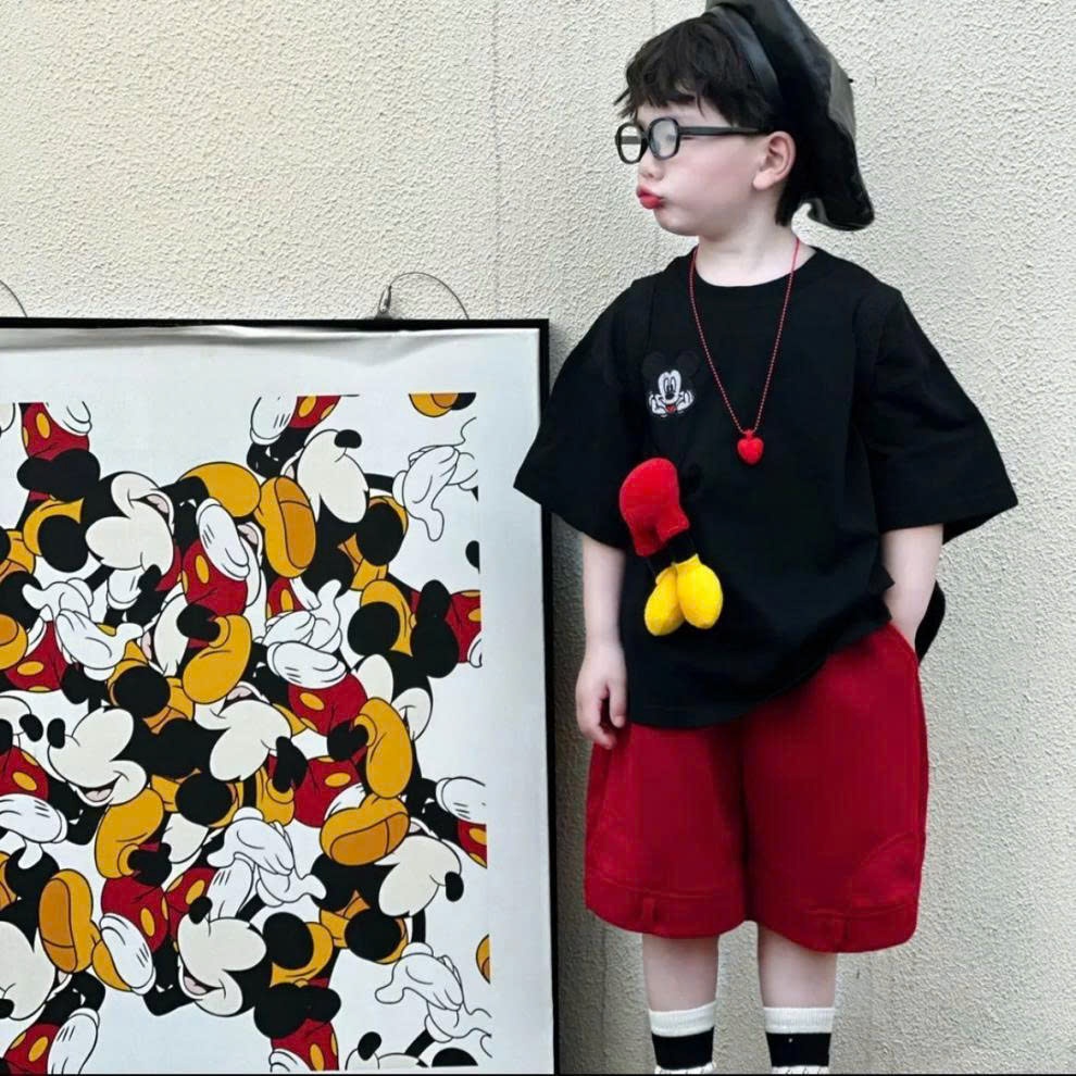 Bộ hè mickey Đính chân 3D áo cotton mềm mát kèm quần dày dặn đứng fom phong cách thời trang