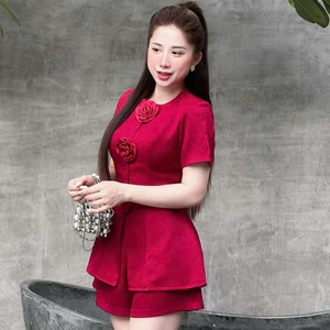 Set Nữ Bộ Nữ Ngắn Kết Bông 3 HOA Cực Đẹp Vải linen gân Thoáng Mát Dễ Mặc