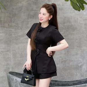 Set Bộ Nữ NGẮN LINEN Gân Thiết Kế Mới KÈM 3 HOA Cực Đẹp DỄ MẶC