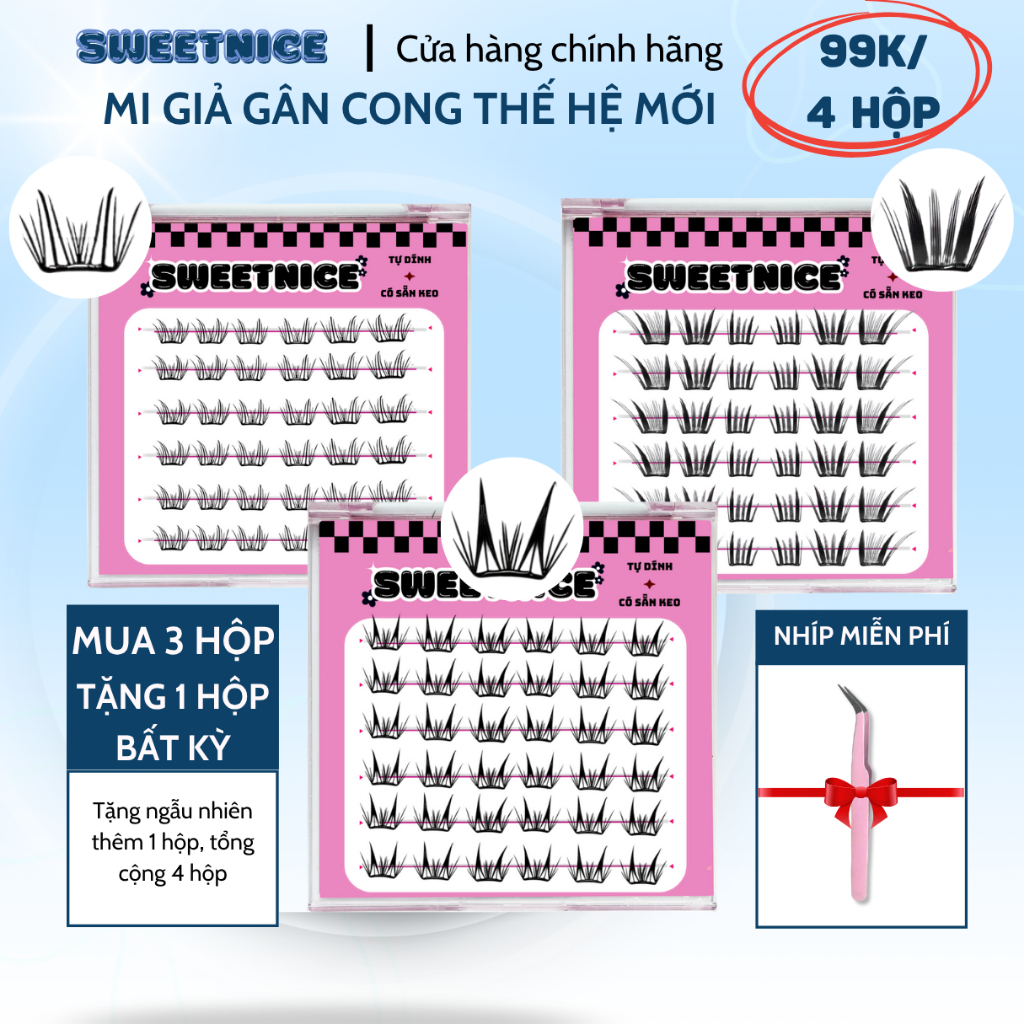 [99K/4 Hộp] Sweetnice Mi Giả Gân Cong Tự Dính Không Cần Keo Thế Hệ Mới Mua 3 Tặng 1 Miễn Phí