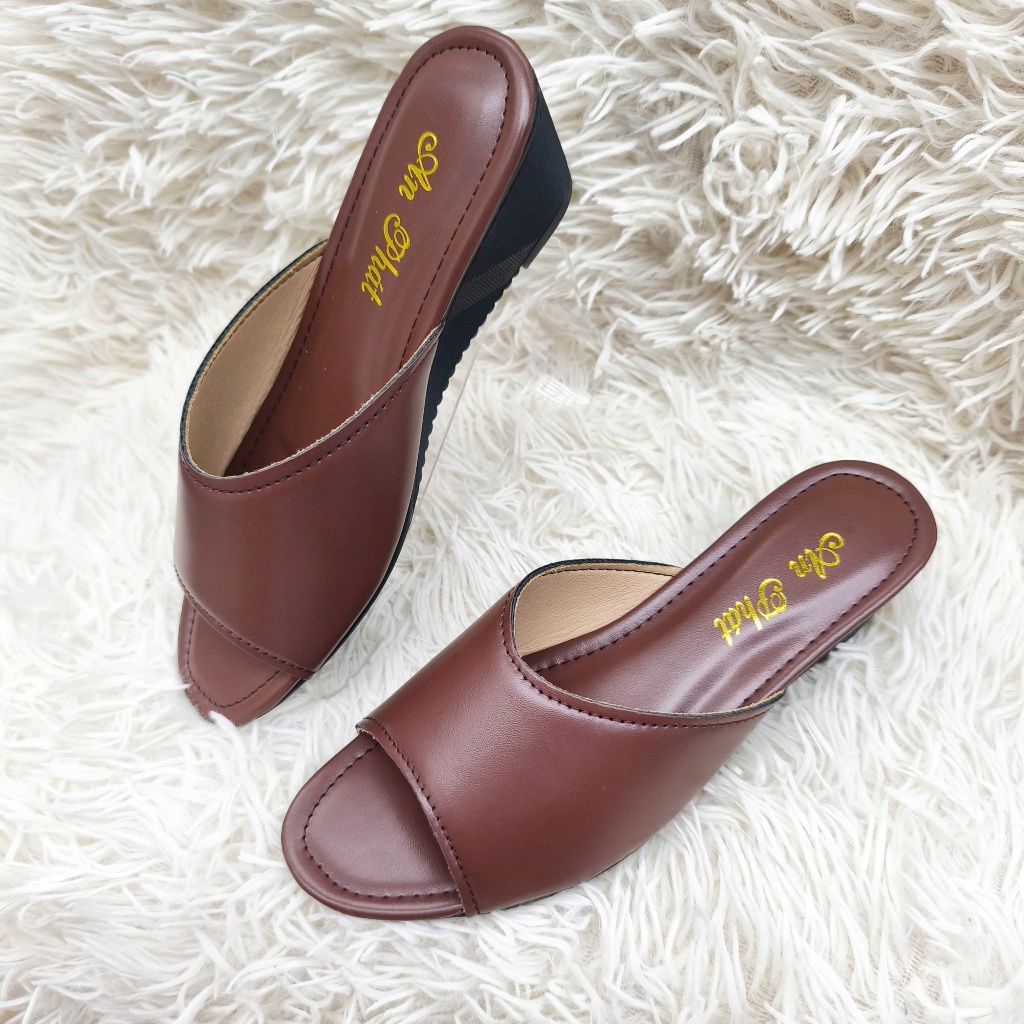 Dép nữ da thật cao cấp đế xuồng đúc cao su 5cm mã DN07T Palmyan- dép da trung niên