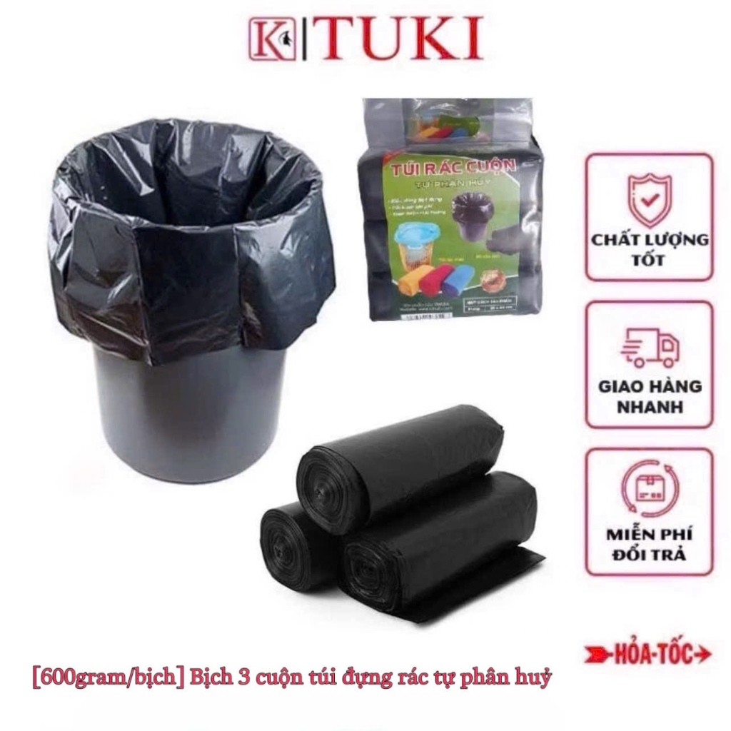 [600gram/bịch - túi màu đen] Bịch 3 cuộn túi đựng rác màu đen, tự hủy ...