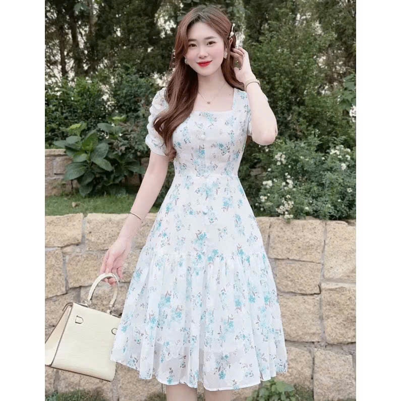 Đầm Voan Mới Phối Hoa Nhí HỌA TIẾT Xanh Thời Trang Nữ Cực Đẹp