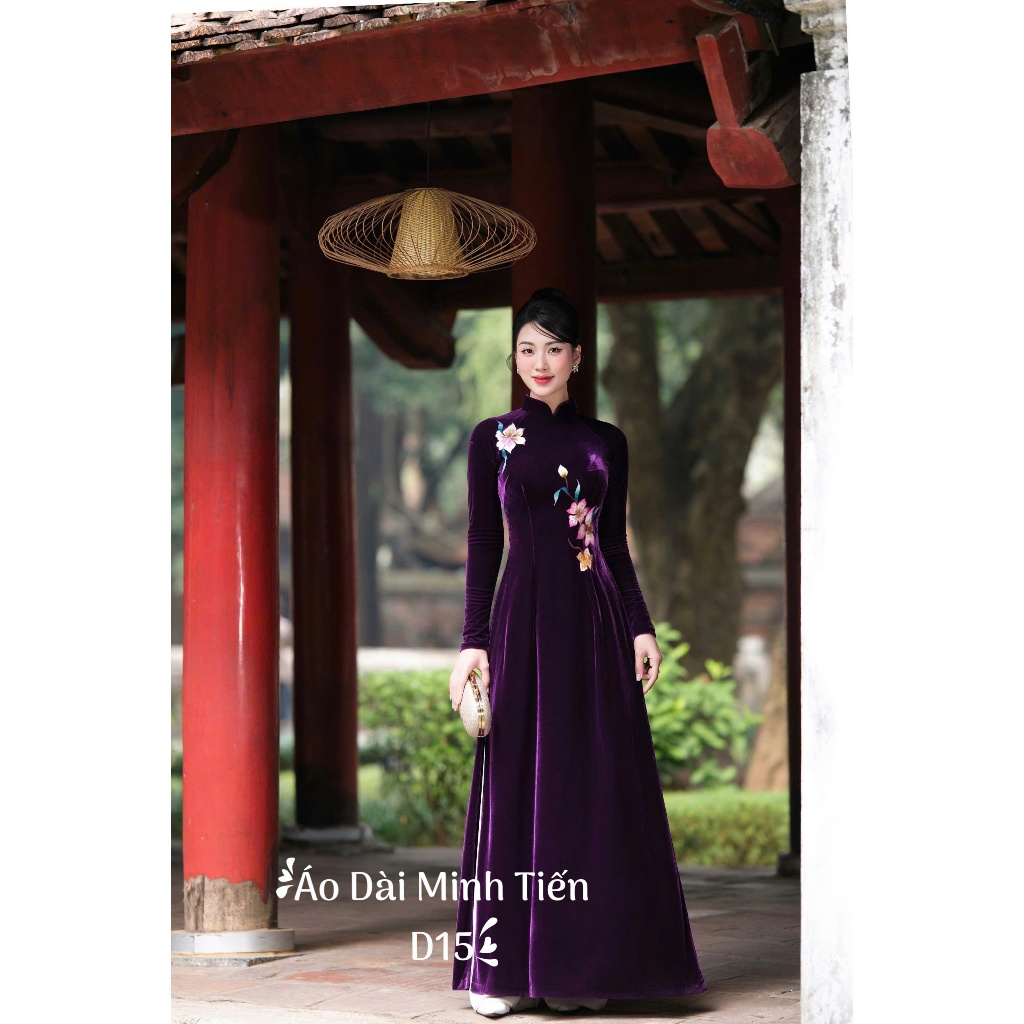 Áo Dài Chất Liệu Nhung The Cao Cấp Hàng May + Thêu Thủ Công Tỉ Mỉ Từng Áo - D15 Màu Tím