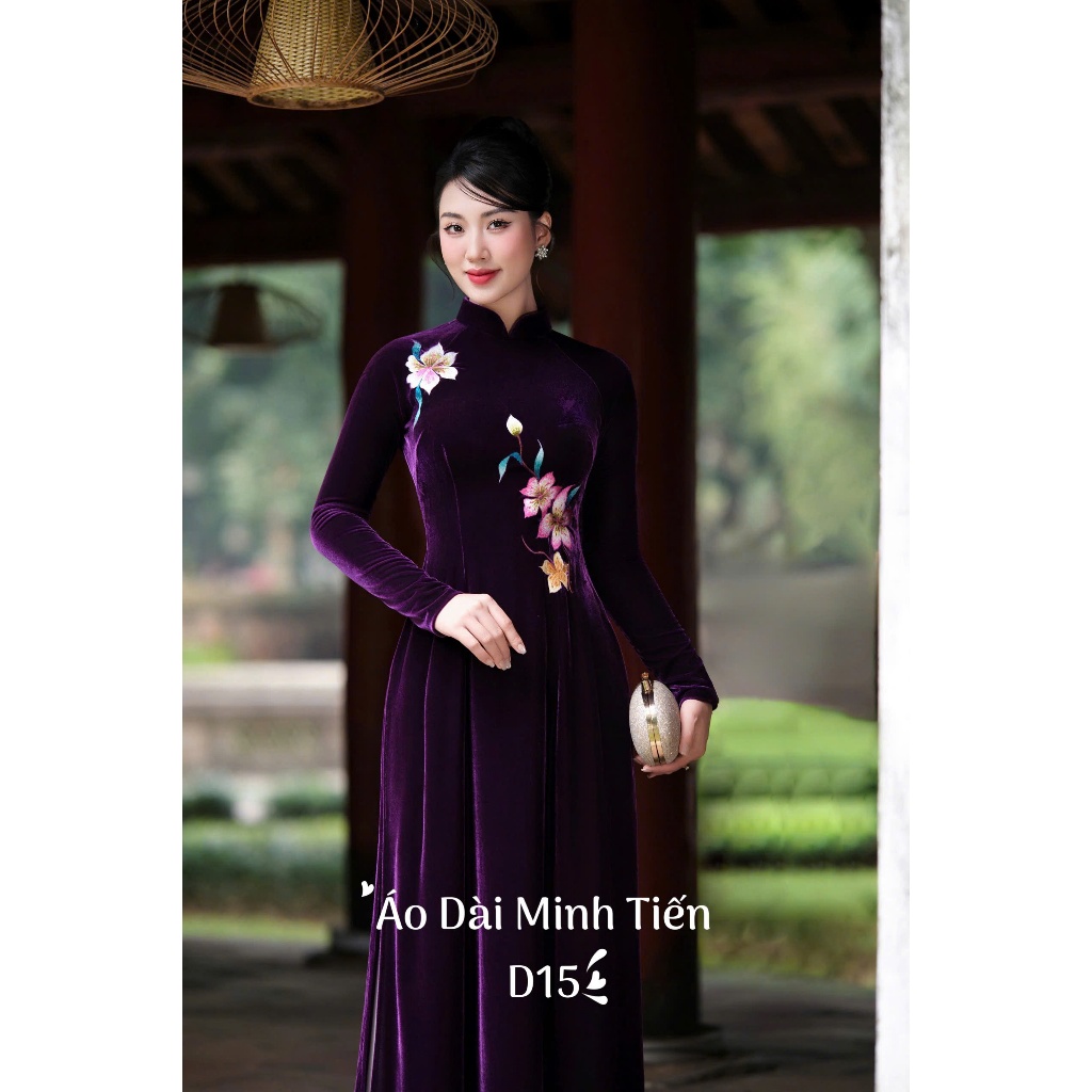 Áo Dài Chất Liệu Nhung The Cao Cấp Hàng May + Thêu Thủ Công Tỉ Mỉ Từng Áo - D15 Màu Tím