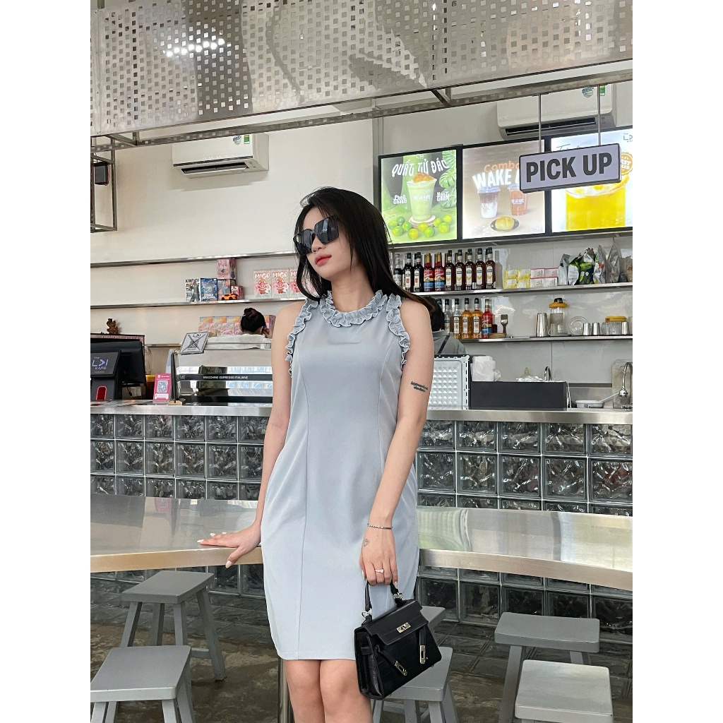 (Mới) LUMI – Đầm công sở nữ thiết kế sát nách cổ bèo dáng suông vải chéo Hàn, thanh lịch nhẹ nhàng
