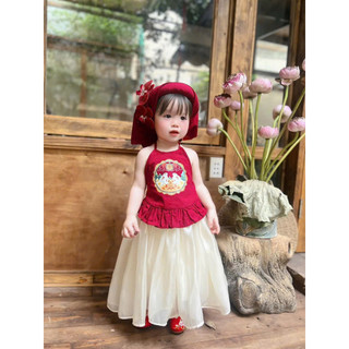 Sét yếm đỏ lụa thỏ trắng mix váy xoè dài cho bé gái