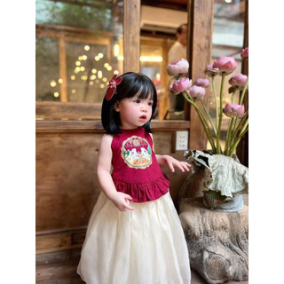 Sét yếm đỏ lụa thỏ trắng mix váy xoè dài cho bé gái
