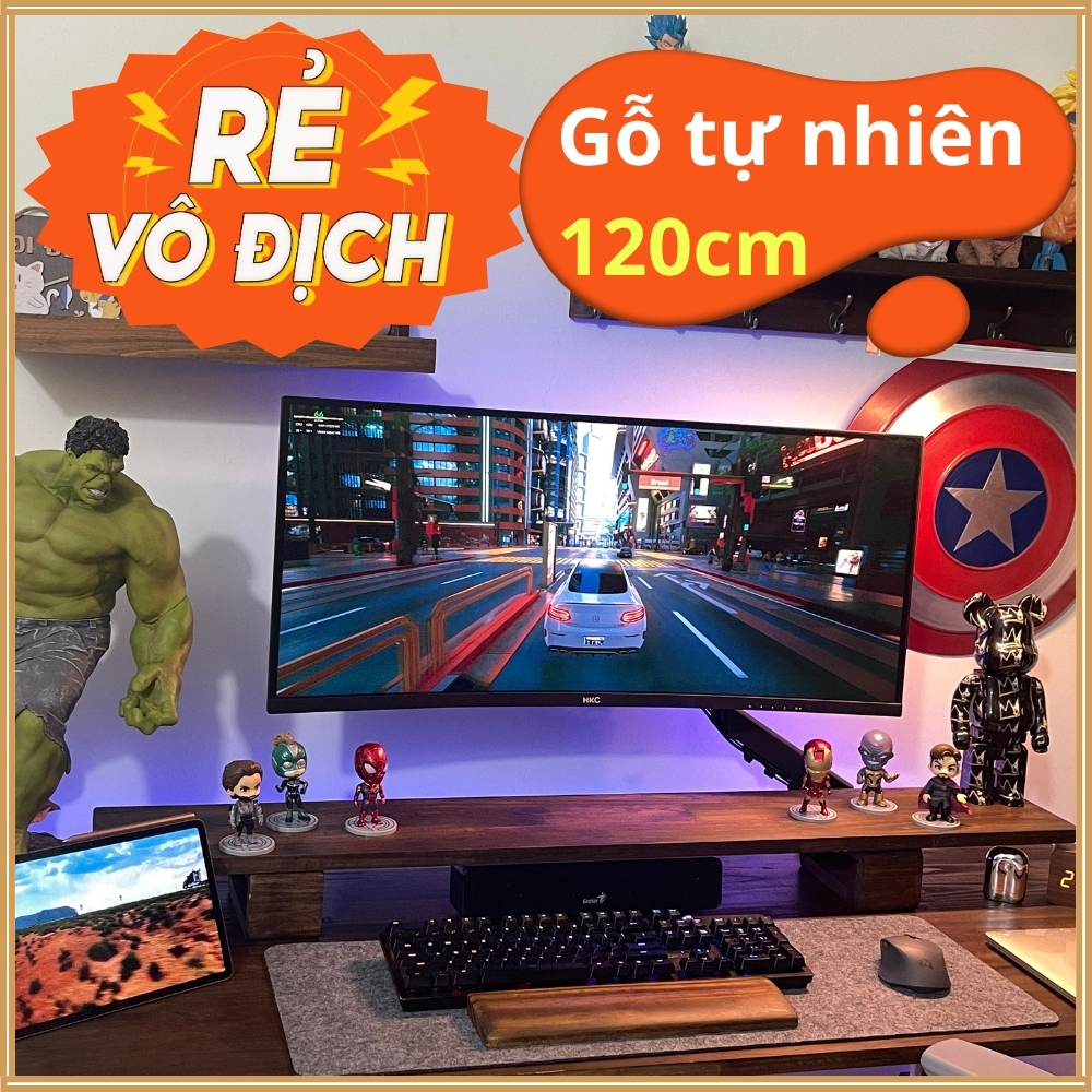 [Kệ gỗ 120cm] Kệ gỗ kê màn hình máy tính 60cm 80cm 100cm 120cm, decor bàn làm việc, gỗ tự nhiên nguyên khối, loại đẹp