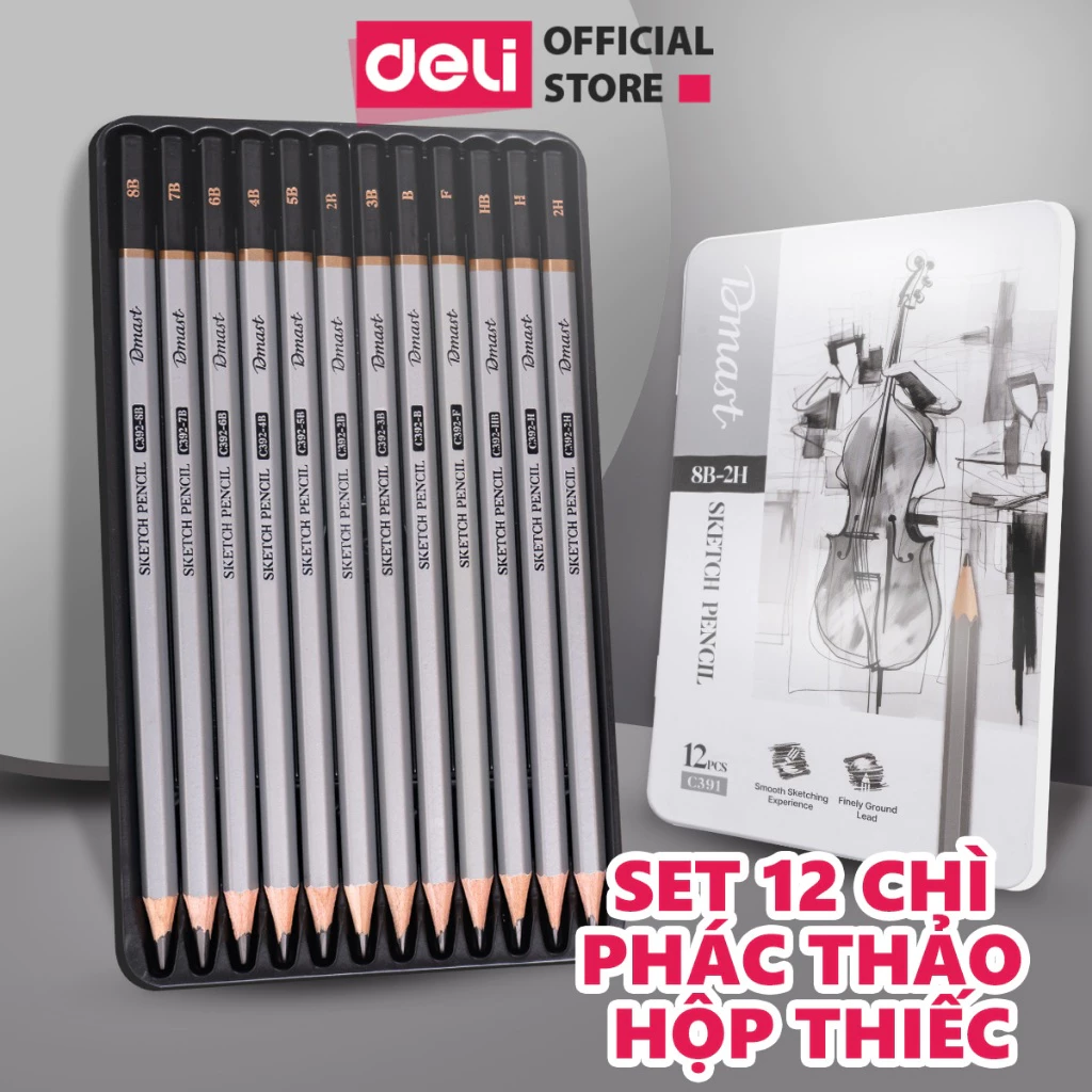 Bộ 12 Bút Chì Phác Thảo Cao Cấp Dmast Hộp Thiếc Deli - Bút Chì Phác Thảo Nhiều Độ Đậm Nhạt Vẽ Chuyên