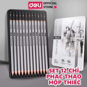 Bộ 12 Bút Chì Phác Thảo Cao Cấp Dmast Hộp Thiếc Deli - Bút Chì Phác Thảo Nhiều Độ Đậm Nhạt Vẽ Chuyên Nghiệp Sketch