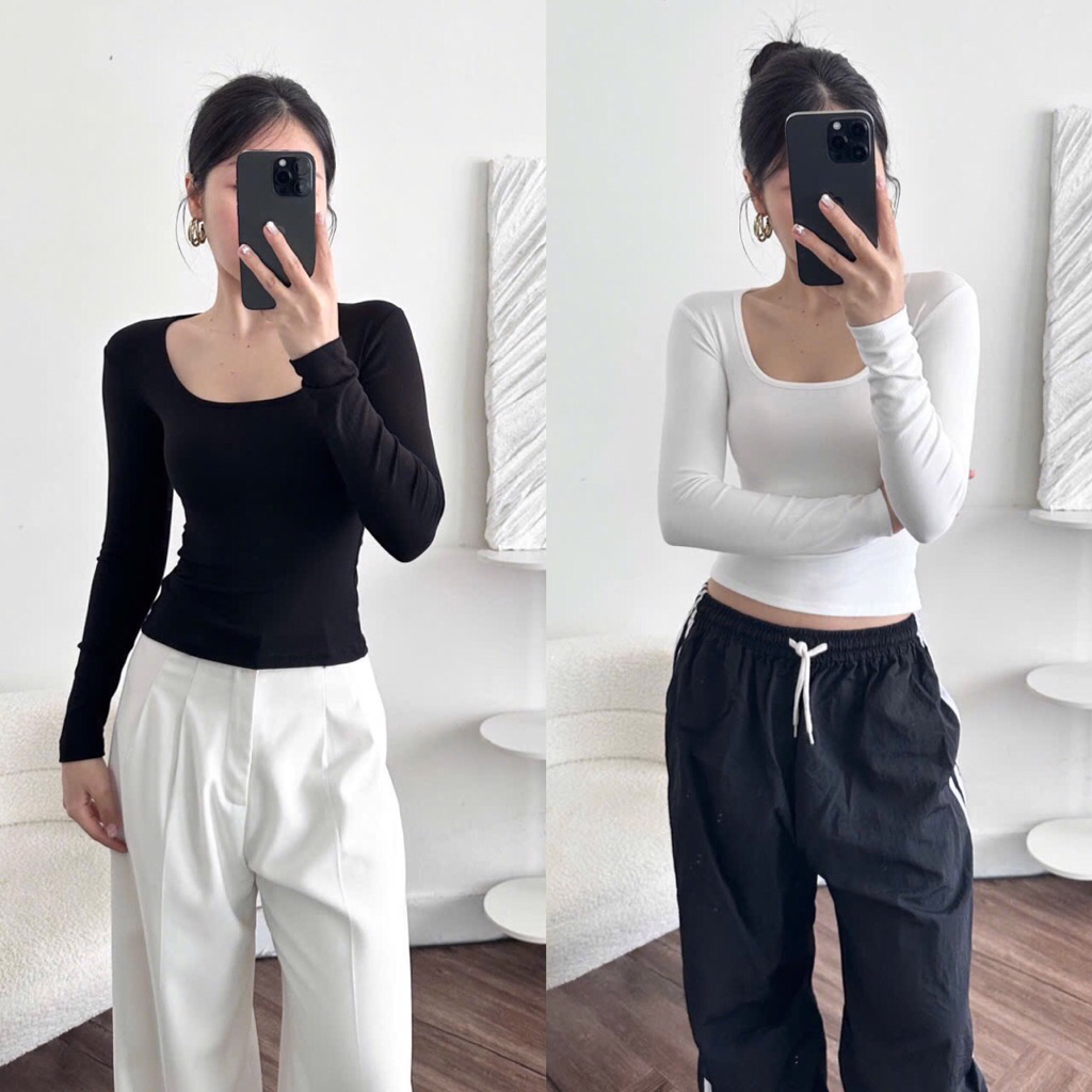 Áo nữ tay dài cổ vuông dáng ôm  Basic co dãn dễ phối đồ đi chơi đi học A331 | BigBuy360 - bigbuy360.vn