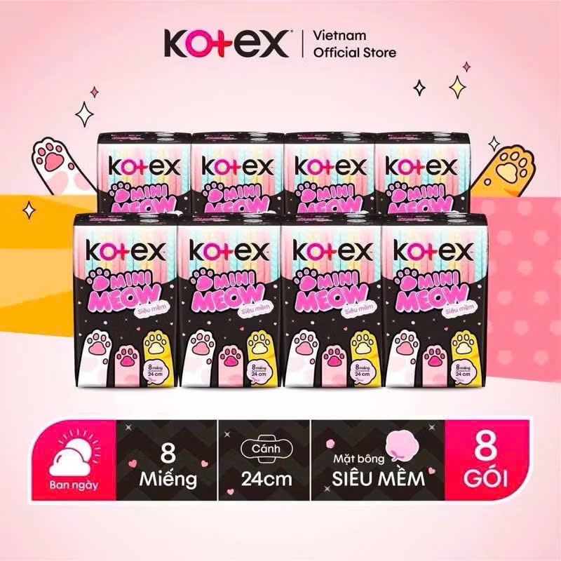 (COMBO 5 Gói) Băng vệ sinh Kotex Mini Meow 24cm 8 miếng- Siêu mềm mỏng cánh,vg9ke1_096