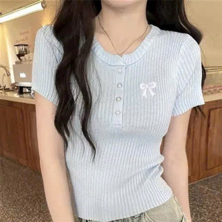 LT - Áo len nữ cổ tròn cài khuy hoạ tiết nơ thêu, len tăm mỏng mặc hè 1089