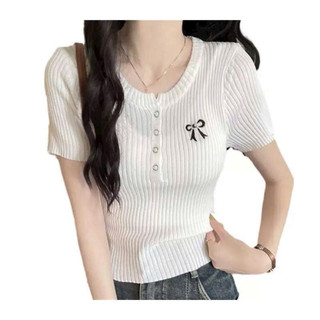 LT - Áo len nữ cổ tròn cài khuy hoạ tiết nơ thêu, len tăm mỏng mặc hè 1089