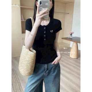 LT - Áo len nữ cổ tròn cài khuy hoạ tiết nơ thêu, len tăm mỏng mặc hè 1089