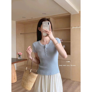 LT - Áo len nữ cổ tròn cài khuy hoạ tiết nơ thêu, len tăm mỏng mặc hè 1089