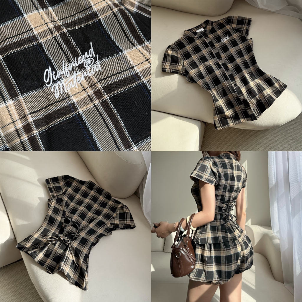 Áo sơ mi Caro chiết eo ôm tôn dáng đằng sau Thêu GIRL FRIEND FFCLUB
