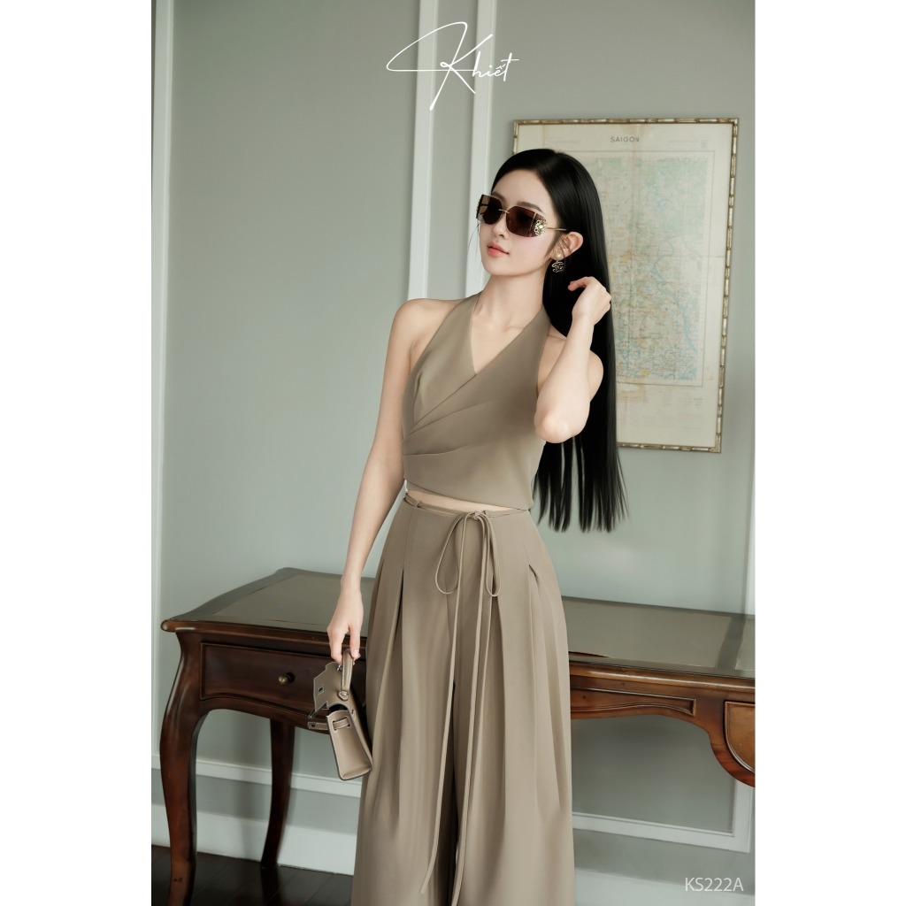 Set áo croptop cổ yếm và quần ống suông rộng Khiết Style tone nâu tây sang chảnh KS222A