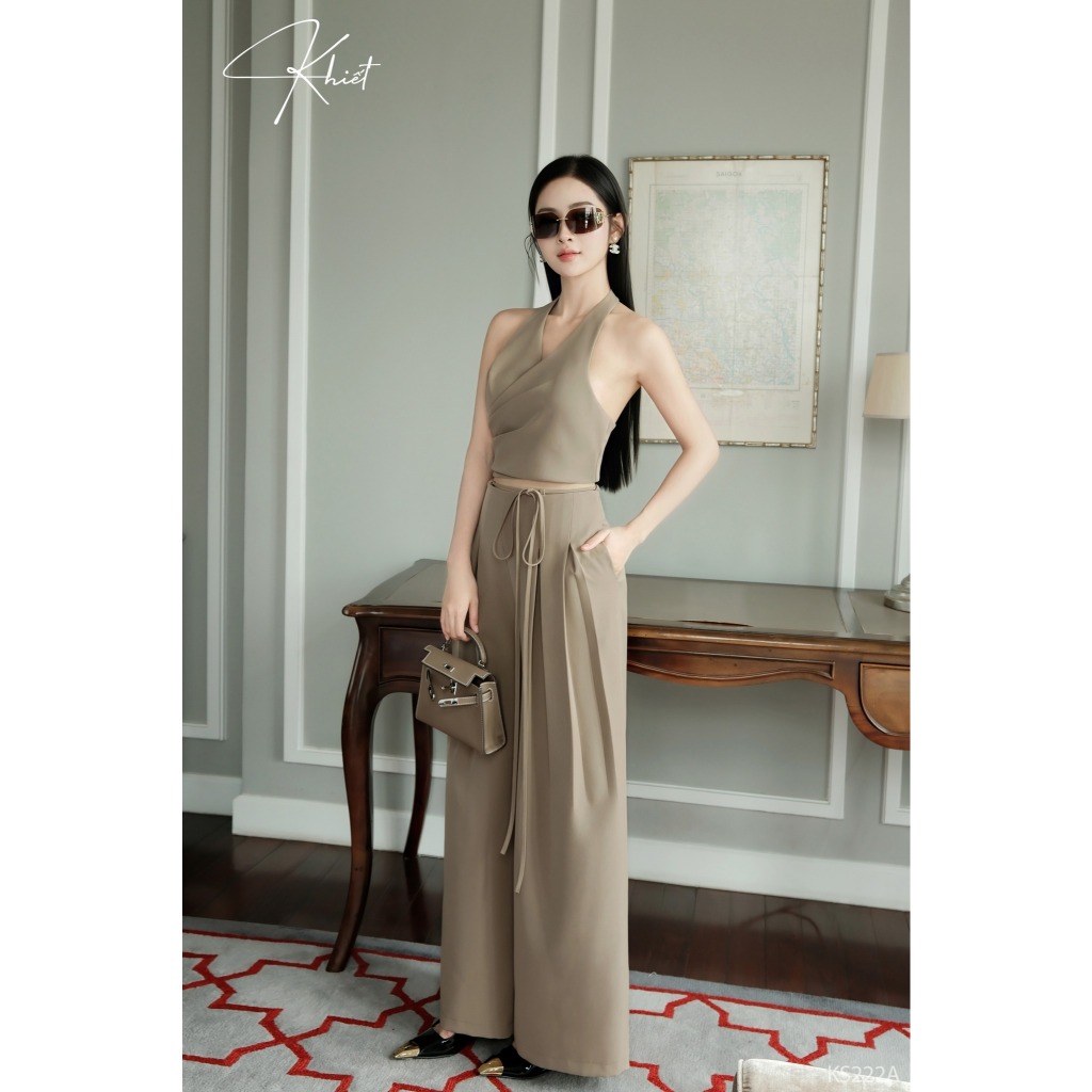 Set áo croptop cổ yếm và quần ống suông rộng Khiết Style tone nâu tây sang chảnh KS222A