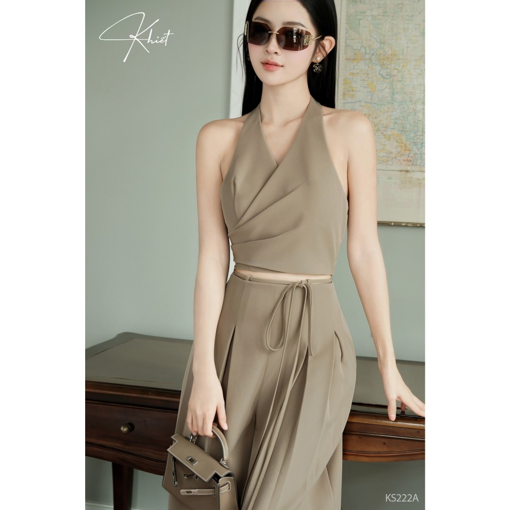 Set áo croptop cổ yếm và quần ống suông rộng Khiết Style tone nâu tây sang chảnh KS222A