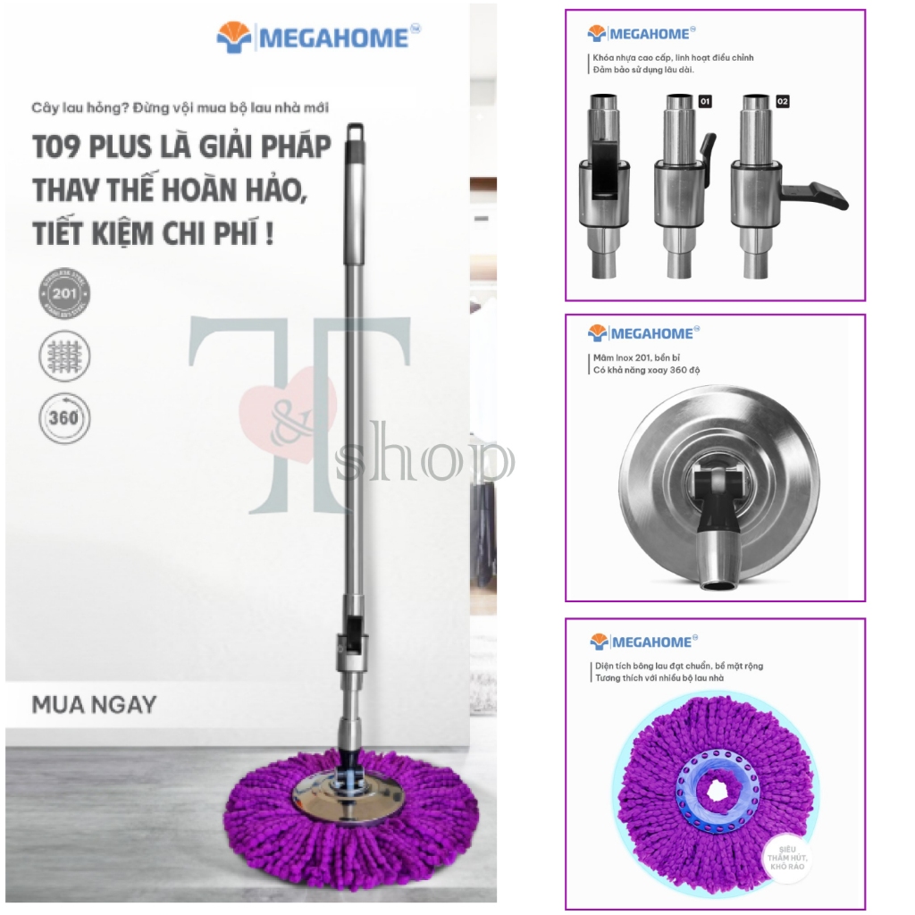 [KHÔNG THÙNG LAU] Cây Lau Nhà Thay Thế Cho Thùng Xoay 360 Inox Tiện Lợi MEGAHOME Phù Hợp Tất Cả Thùng 360
