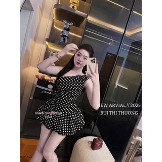 Váy lệch vai họa tiết chấm bi ôm sát body chiết eo chân nhún bèo xòe tiểu thư xinh xắn cho các nàng – BaoTrang.clothes