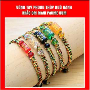 Vòng đeo tay chỉ ngũ sắc, phối đá khắc ký tự Om mani pad me hum và Chú Đại Bi