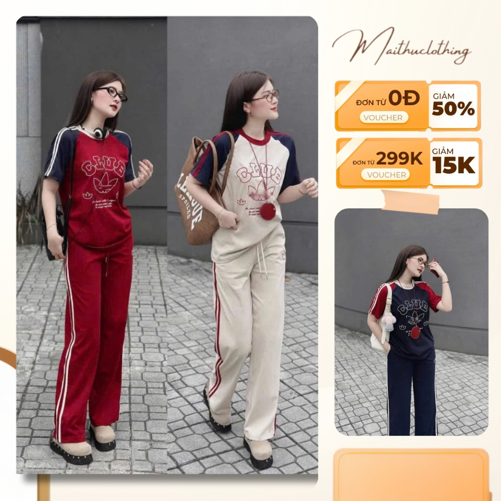 Q35 Set Bộ Áo Thun Tay Ngắn Form Rộng Mix Quần Ống Suông Kẻ Sọc, Bộ Đổ Thể Thao Nữ Hottrend