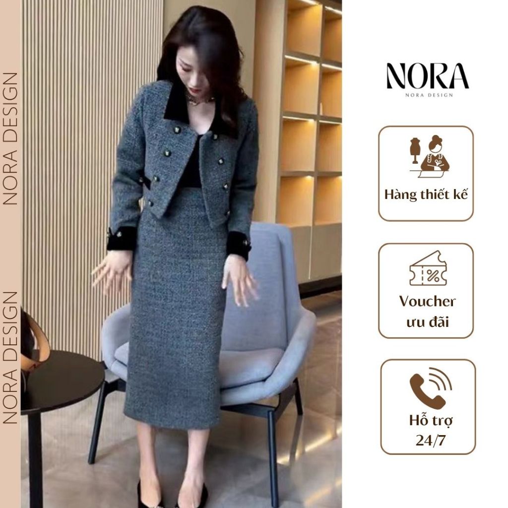 Set dạ dài tay xinh sang thiết kế áo vest đính cúc thanh lịch phối chân váy dáng dài tôn dáng medechill S450