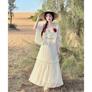 Set váy 3 món thời trang nữ dễ thương áo chất Ren 2 dây có đính hoa phối chân váy chất Đũi hột dáng maxi kèm khăn choàng