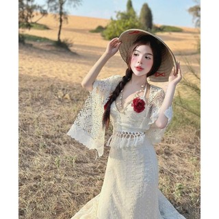 Set váy 3 món thời trang nữ dễ thương áo chất Ren 2 dây có đính hoa phối chân váy chất Đũi hột dáng maxi kèm khăn choàng