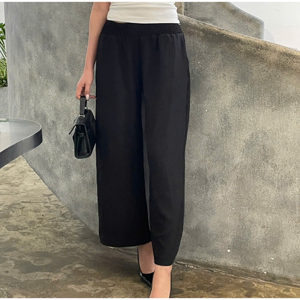 LUMI - Quần dài công sở nữ ống suông rộng cạp chun chất liệu đũi trơn và đũi nhăn mát nhẹ dễ mặc