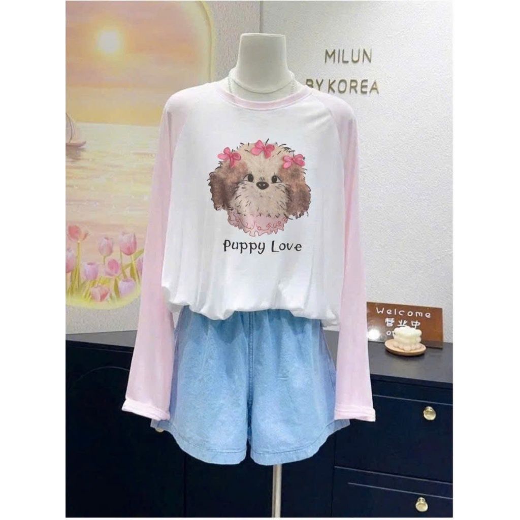 Áo thun Nữ tay dài phối màu Vintage ALICEVN, Áo thun dài tay phối in hình dể thương, chất thun xượt mềm mát
