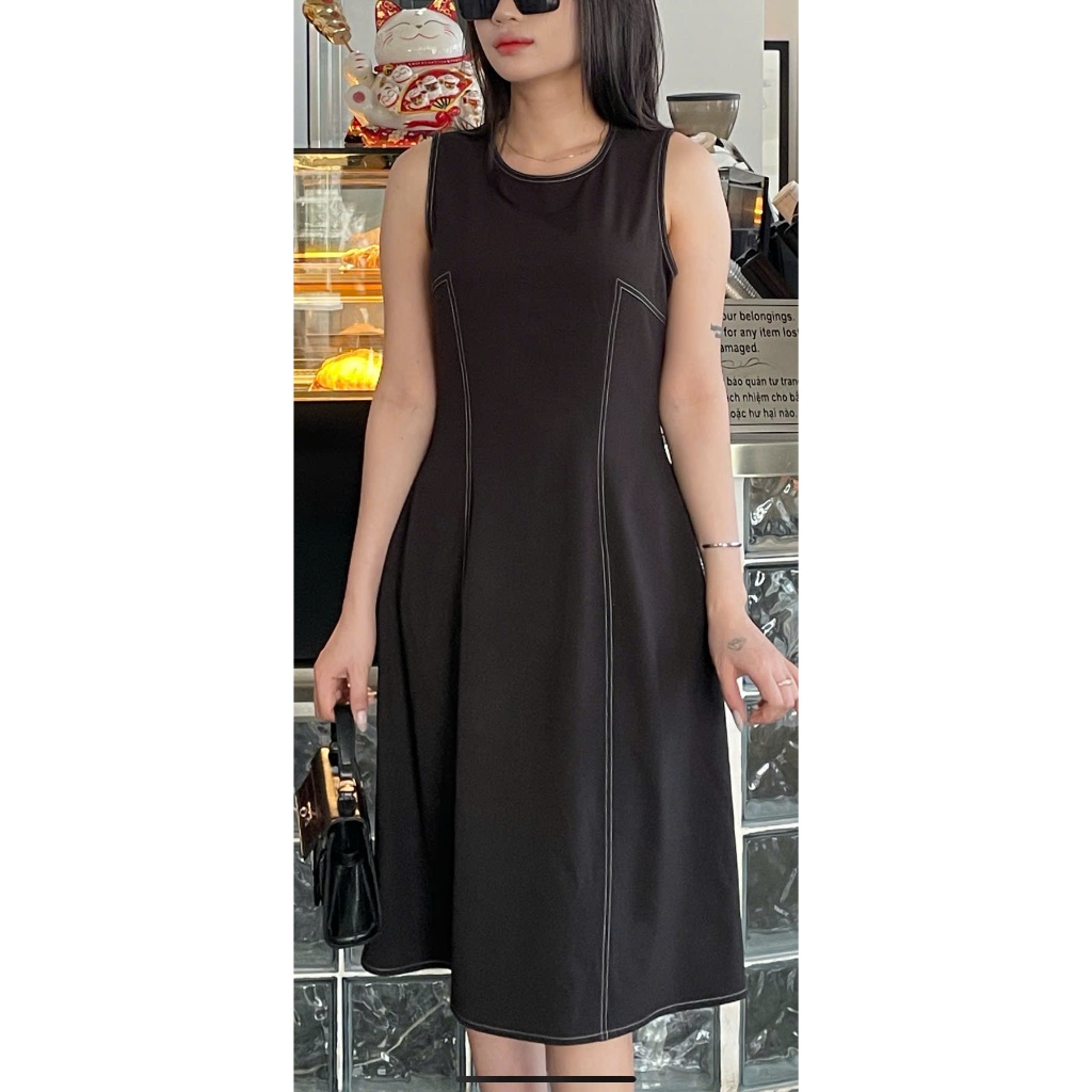 (Mới) LUMI - Đầm công sở nữ dáng chữ A màu đen vải cotton thiết kế chỉ nổi tinh tế đi chơi đi làm