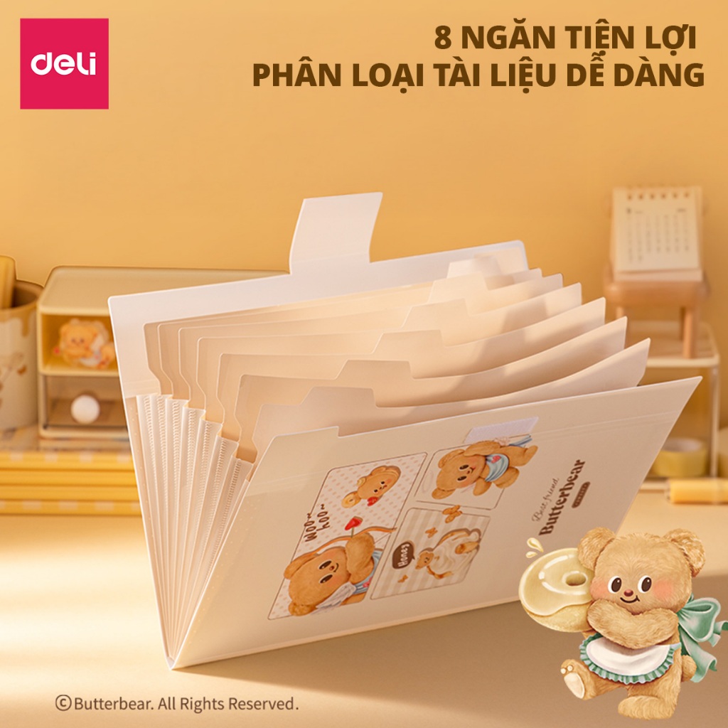 Cặp Túi Đựng Tài Liệu A4 Butterbear Deli 8 Ngăn File Đựng Tài Liệu Hồ Sơ Lưu Trữ Đa Năng Dễ Thương