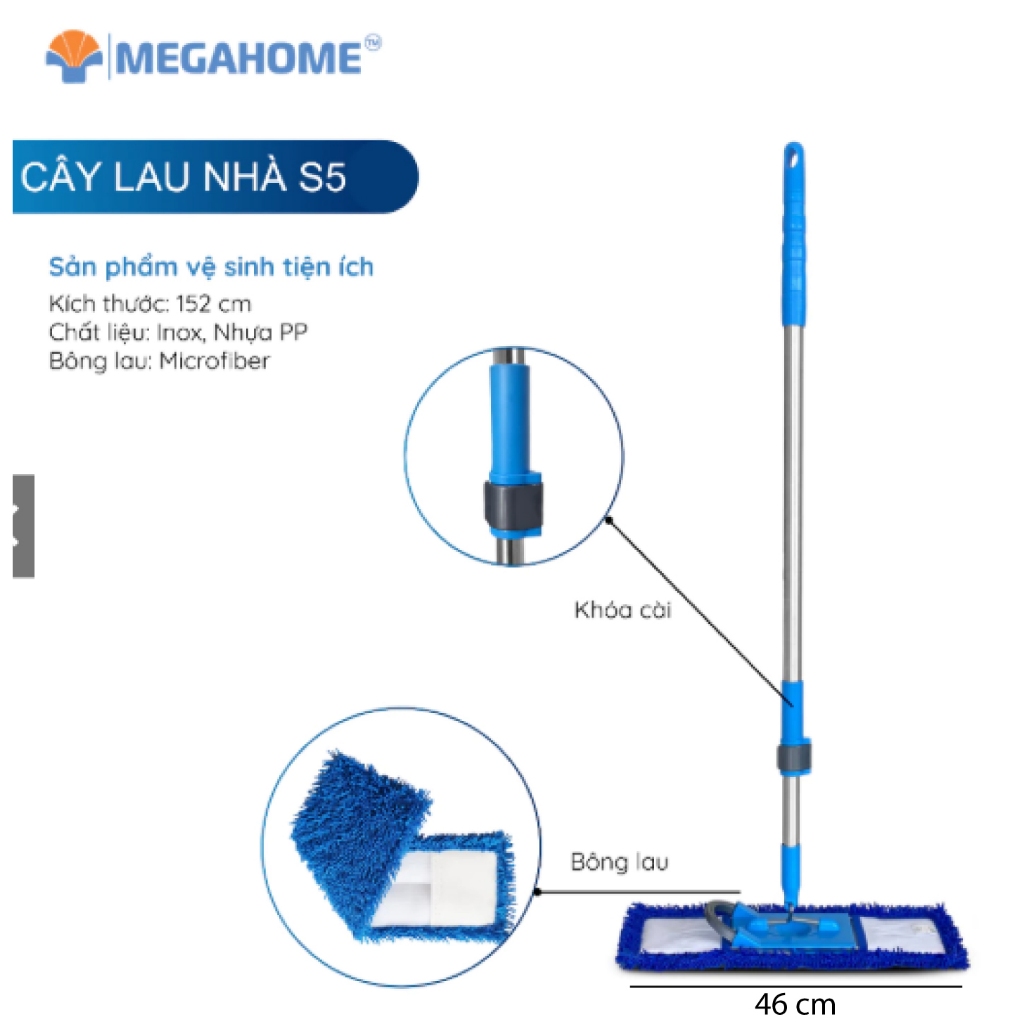 Cây Lau Nhà Inox San Hô 46cm MEGAHOME S5 Cán Rút Tăng Đơ