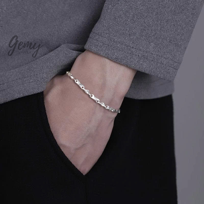 Vòng tay nam bạc lắc tay mắt xích hộp chữ nhật thiết kế basic đeo hàng ngày | GEMY SILVER VTN4